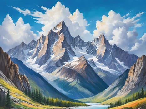 Majestic Mountain Peaks and Serene Valley.A breathtaking digital painting showcasing the grandeur of towering mountains with sharp peaks reaching towards a clear blue sky adorned with wispy clouds. The serene valley below basks in the warmth of sunlight filtering through the mountains, highlighting the wild grasses that sway gently in the breeze. Perfect for conveying themes of natural splendor, exploration, or as an inspiring backdrop.