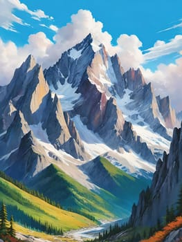 Majestic Mountain Peaks and Serene Valley.A breathtaking digital painting showcasing the grandeur of towering mountains with sharp peaks reaching towards a clear blue sky adorned with wispy clouds. The serene valley below basks in the warmth of sunlight filtering through the mountains, highlighting the wild grasses that sway gently in the breeze. Perfect for conveying themes of natural splendor, exploration, or as an inspiring backdrop.