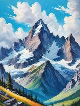 Majestic Mountain Peaks and Serene Valley.A breathtaking digital painting showcasing the grandeur of towering mountains with sharp peaks reaching towards a clear blue sky adorned with wispy clouds. The serene valley below basks in the warmth of sunlight filtering through the mountains, highlighting the wild grasses that sway gently in the breeze. Perfect for conveying themes of natural splendor, exploration, or as an inspiring backdrop.
