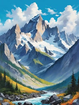 Majestic Mountain Peaks and Serene Valley.A breathtaking digital painting showcasing the grandeur of towering mountains with sharp peaks reaching towards a clear blue sky adorned with wispy clouds. The serene valley below basks in the warmth of sunlight filtering through the mountains, highlighting the wild grasses that sway gently in the breeze. Perfect for conveying themes of natural splendor, exploration, or as an inspiring backdrop.