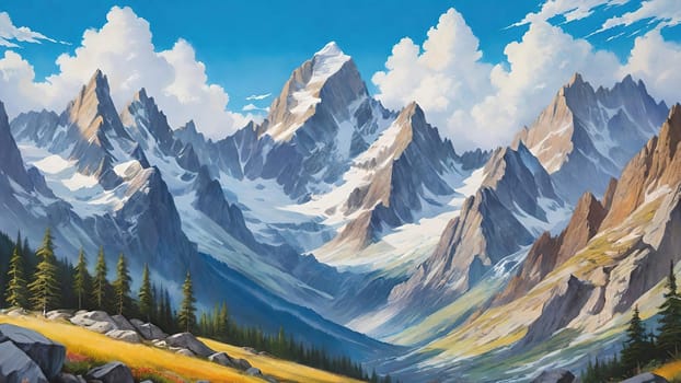 Majestic Mountain Peaks and Serene Valley.A breathtaking digital painting showcasing the grandeur of towering mountains with sharp peaks reaching towards a clear blue sky adorned with wispy clouds. The serene valley below basks in the warmth of sunlight filtering through the mountains, highlighting the wild grasses that sway gently in the breeze. Perfect for conveying themes of natural splendor, exploration, or as an inspiring backdrop.