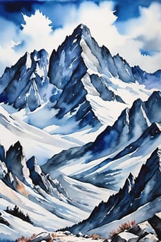 Majestic Mountain Peaks and Serene Valley.A breathtaking digital painting showcasing the grandeur of towering mountains with sharp peaks reaching towards a clear blue sky adorned with wispy clouds. The serene valley below basks in the warmth of sunlight filtering through the mountains, highlighting the wild grasses that sway gently in the breeze. Perfect for conveying themes of natural splendor, exploration, or as an inspiring backdrop.