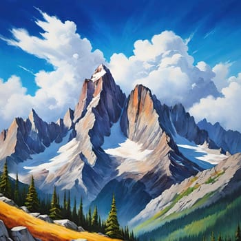 Majestic Mountain Peaks and Serene Valley.A breathtaking digital painting showcasing the grandeur of towering mountains with sharp peaks reaching towards a clear blue sky adorned with wispy clouds. The serene valley below basks in the warmth of sunlight filtering through the mountains, highlighting the wild grasses that sway gently in the breeze. Perfect for conveying themes of natural splendor, exploration, or as an inspiring backdrop.