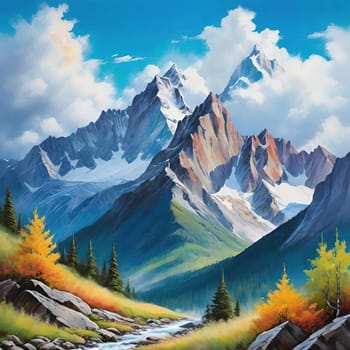 Majestic Mountain Peaks and Serene Valley.A breathtaking digital painting showcasing the grandeur of towering mountains with sharp peaks reaching towards a clear blue sky adorned with wispy clouds. The serene valley below basks in the warmth of sunlight filtering through the mountains, highlighting the wild grasses that sway gently in the breeze. Perfect for conveying themes of natural splendor, exploration, or as an inspiring backdrop.