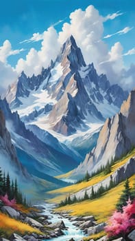 Majestic Mountain Peaks and Serene Valley.A breathtaking digital painting showcasing the grandeur of towering mountains with sharp peaks reaching towards a clear blue sky adorned with wispy clouds. The serene valley below basks in the warmth of sunlight filtering through the mountains, highlighting the wild grasses that sway gently in the breeze. Perfect for conveying themes of natural splendor, exploration, or as an inspiring backdrop.