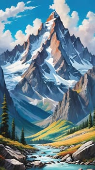Majestic Mountain Peaks and Serene Valley.A breathtaking digital painting showcasing the grandeur of towering mountains with sharp peaks reaching towards a clear blue sky adorned with wispy clouds. The serene valley below basks in the warmth of sunlight filtering through the mountains, highlighting the wild grasses that sway gently in the breeze. Perfect for conveying themes of natural splendor, exploration, or as an inspiring backdrop.