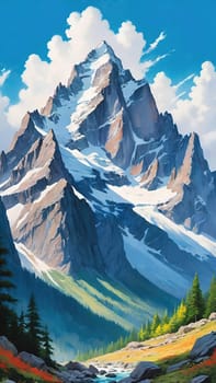 Majestic Mountain Peaks and Serene Valley.A breathtaking digital painting showcasing the grandeur of towering mountains with sharp peaks reaching towards a clear blue sky adorned with wispy clouds. The serene valley below basks in the warmth of sunlight filtering through the mountains, highlighting the wild grasses that sway gently in the breeze. Perfect for conveying themes of natural splendor, exploration, or as an inspiring backdrop.