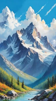 Majestic Mountain Peaks and Serene Valley.A breathtaking digital painting showcasing the grandeur of towering mountains with sharp peaks reaching towards a clear blue sky adorned with wispy clouds. The serene valley below basks in the warmth of sunlight filtering through the mountains, highlighting the wild grasses that sway gently in the breeze. Perfect for conveying themes of natural splendor, exploration, or as an inspiring backdrop.