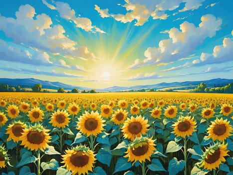 Sunset over Sunflower Field .A Symphony of Nature.Capture the essence of natural beauty with this stunning image showcasing an expansive field of sunflowers bathed in the warm glow of a setting or rising sun. Perfect for illustrating themes of growth, sustainability, and the simple joys of nature.