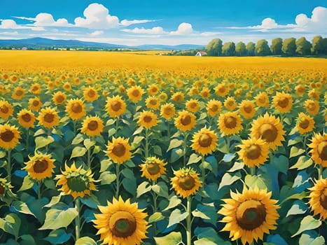 Sunset over Sunflower Field .A Symphony of Nature.Capture the essence of natural beauty with this stunning image showcasing an expansive field of sunflowers bathed in the warm glow of a setting or rising sun. Perfect for illustrating themes of growth, sustainability, and the simple joys of nature.