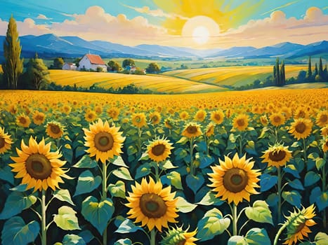 Sunset over Sunflower Field .A Symphony of Nature.Capture the essence of natural beauty with this stunning image showcasing an expansive field of sunflowers bathed in the warm glow of a setting or rising sun. Perfect for illustrating themes of growth, sustainability, and the simple joys of nature.