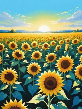 Sunset over Sunflower Field .A Symphony of Nature.Capture the essence of natural beauty with this stunning image showcasing an expansive field of sunflowers bathed in the warm glow of a setting or rising sun. Perfect for illustrating themes of growth, sustainability, and the simple joys of nature.
