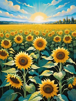 Sunset over Sunflower Field .A Symphony of Nature.Capture the essence of natural beauty with this stunning image showcasing an expansive field of sunflowers bathed in the warm glow of a setting or rising sun. Perfect for illustrating themes of growth, sustainability, and the simple joys of nature.