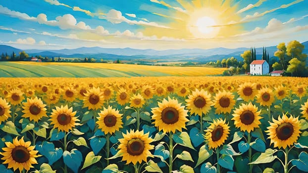 Sunset over Sunflower Field .A Symphony of Nature.Capture the essence of natural beauty with this stunning image showcasing an expansive field of sunflowers bathed in the warm glow of a setting or rising sun. Perfect for illustrating themes of growth, sustainability, and the simple joys of nature.