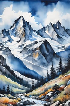 Majestic Mountain Peaks and Serene Valley.A breathtaking digital painting showcasing the grandeur of towering mountains with sharp peaks reaching towards a clear blue sky adorned with wispy clouds. The serene valley below basks in the warmth of sunlight filtering through the mountains, highlighting the wild grasses that sway gently in the breeze. Perfect for conveying themes of natural splendor, exploration, or as an inspiring backdrop.
