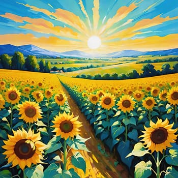 Sunset over Sunflower Field .A Symphony of Nature.Capture the essence of natural beauty with this stunning image showcasing an expansive field of sunflowers bathed in the warm glow of a setting or rising sun. Perfect for illustrating themes of growth, sustainability, and the simple joys of nature.