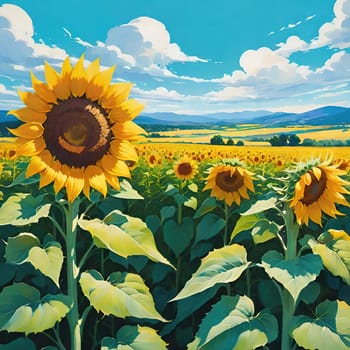 Sunset over Sunflower Field .A Symphony of Nature.Capture the essence of natural beauty with this stunning image showcasing an expansive field of sunflowers bathed in the warm glow of a setting or rising sun. Perfect for illustrating themes of growth, sustainability, and the simple joys of nature.