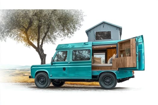 4x4 offroad vehicle is parked on a white background with a rooftop tent deployed. The modern camper van is parked near a tree