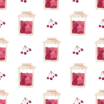 Jam, marmalade from red berries. Transparent glass jar with paper lid or tied with fabric. Vintage style. Seamless watercolor pattern on white background for tablecloth or packaging design