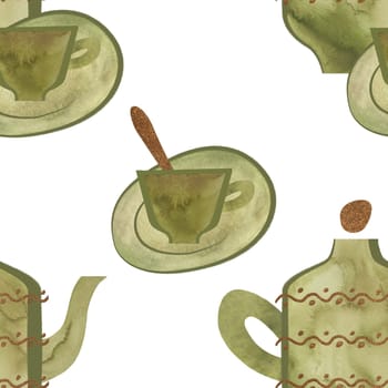 Small green tea cup with gilded spoon and teapot with gold decor. Vintage style. Seamless watercolor pattern on white background for tablecloth or packaging design
