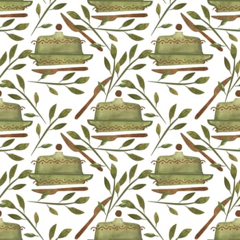 Olive green butter dish for natural farm butter. Gold decor and gilded butter knife. Breakfast. Vintage style. Seamless watercolor pattern on white background for tablecloth or packaging design