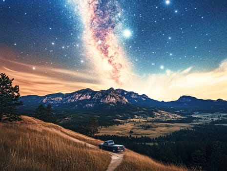 An old, rusted car sits alone on a hillside, surrounded by nature. The vibrant twilight sky is filled with stars, creating a stunning contrast with the vehicle's decay.