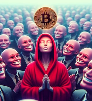 A man in a mask holding a Bitcoin coin. The man is surrounded by other people in masks