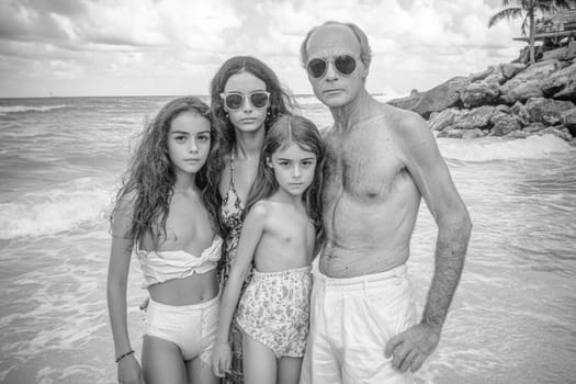 Family wearing white linen outfits is standing together on the beach, posing for a portrait with the ocean in the background