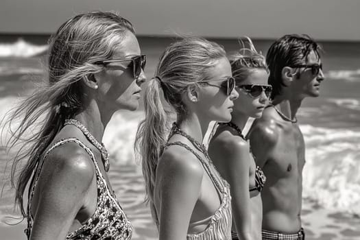 Three friends are enjoying a sunny day at the beach, wearing summer clothes and sunglasses. The picture evokes feelings of freedom and friendship