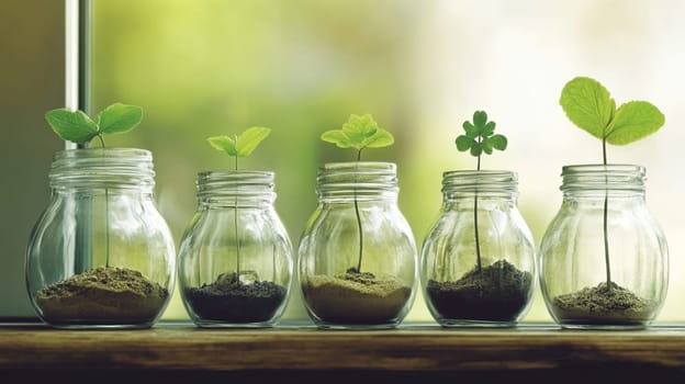 Five young plants are growing in glass jars filled with soil and sitting on a windowsill, with a bright green background