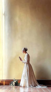 Bride is holding her hands out in prayer in a sunlit church on her wedding day. The bride is wearing a vintage wedding dress and has a bouquet of flowers on the floor beside her