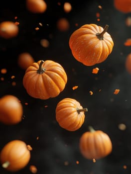 Ultra realistic halloween scene with falling pumpkins in high resolution.