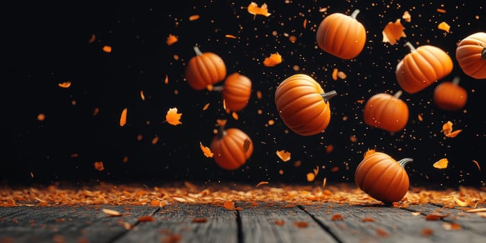 Ultra realistic enchanting autumn scene with falling pumpkins and leaves.