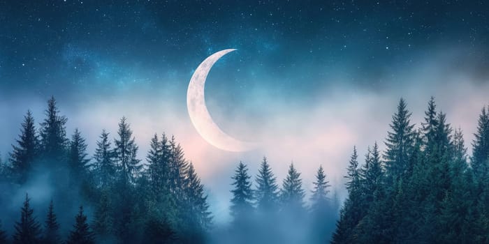 Enchanting twilight forest with crescent moon amidst misty pine trees.