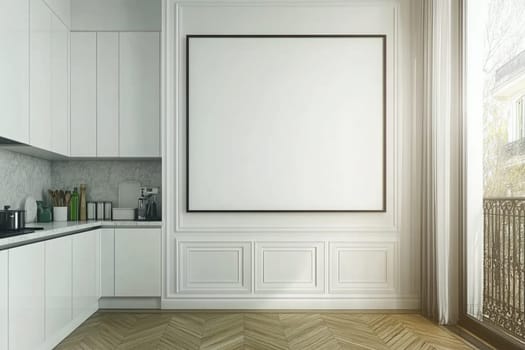 Modern kitchen with an empty frame on a white wall, perfect for your message. Bright, airy room with large windows and minimalist design