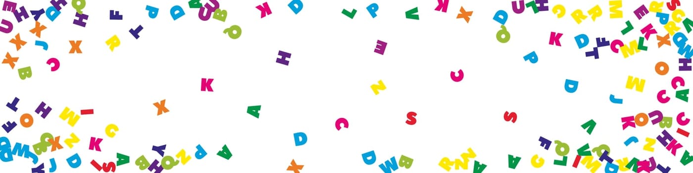 School notebook cover. Colorful childish floating letters of Latin alphabet. Foreign languages study concept. Back to school banner .