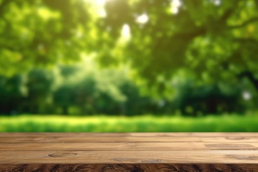 Empty Wooden table and blurred green nature garden background. Generative AI image weber.