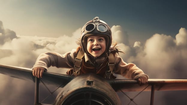 Aviator boy, excited, flying above clouds in the sky. Generative AI image weber.