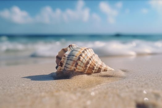 A stunning seashell resting on the sandy beach with the vast ocean as the background, perfect for nature lovers and beachgoers. AI Generative.