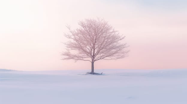 Lone lonely tree in winter snow solitude, minimalist. Generative AI image weber.