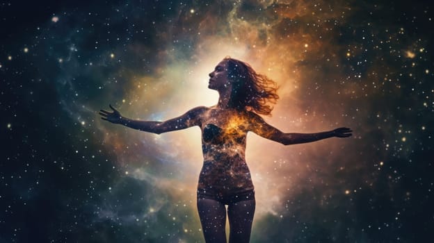 Woman in Yoga Full Body Backlit Pose in the Nebula Galaxy. Generative AI image weber.