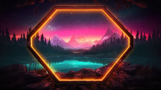 Glowing neon Hexagon frame over abstract landscape. Generative AI image weber.