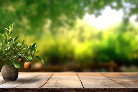 Empty Wooden table and blurred green nature garden background. Generative AI image weber.