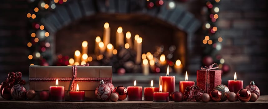 Decorated xmas table with Merry Christmas gifts in cozy Santa home interior, banner. Happy New Year presents boxes in workshop late in night with lights on xmas tree, holiday eve background