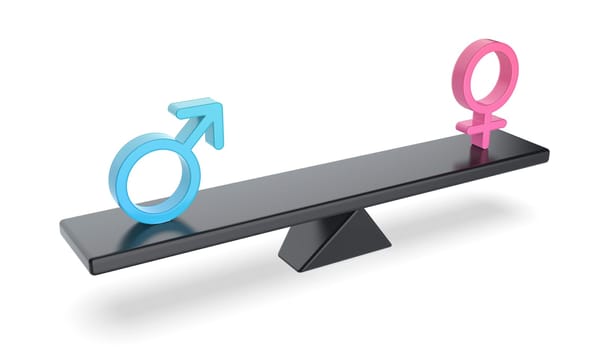 Female and male gender signs on seesaw, concept image for balance between genders