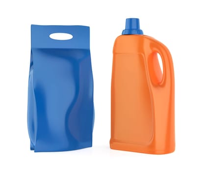 Blue washing powder bag and orange liquid detergent bottle on white background