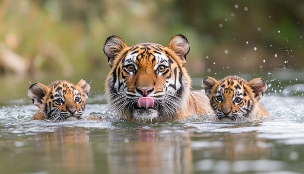 Sumatran tiger family is swimming in water with their tongues out