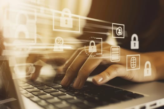 Person typing on laptop surrounded by digital security icons for business data protection