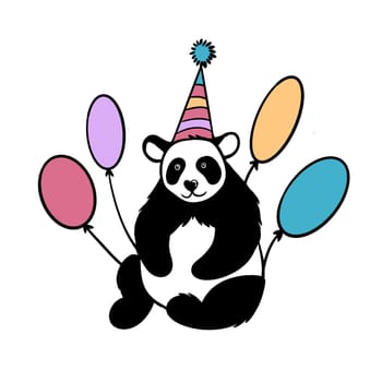 Hand drawn illustration of panda bear having birthday party with balloons. Funny cartoon simple minimalist card congratulation greeting print, perfect for kids children, cute fluffy animal black white colorful art