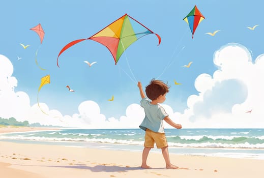 A young boy joyfully flies vibrant kites at the beach while soft waves roll in and seagulls soar overhead on a bright day - Generative AI